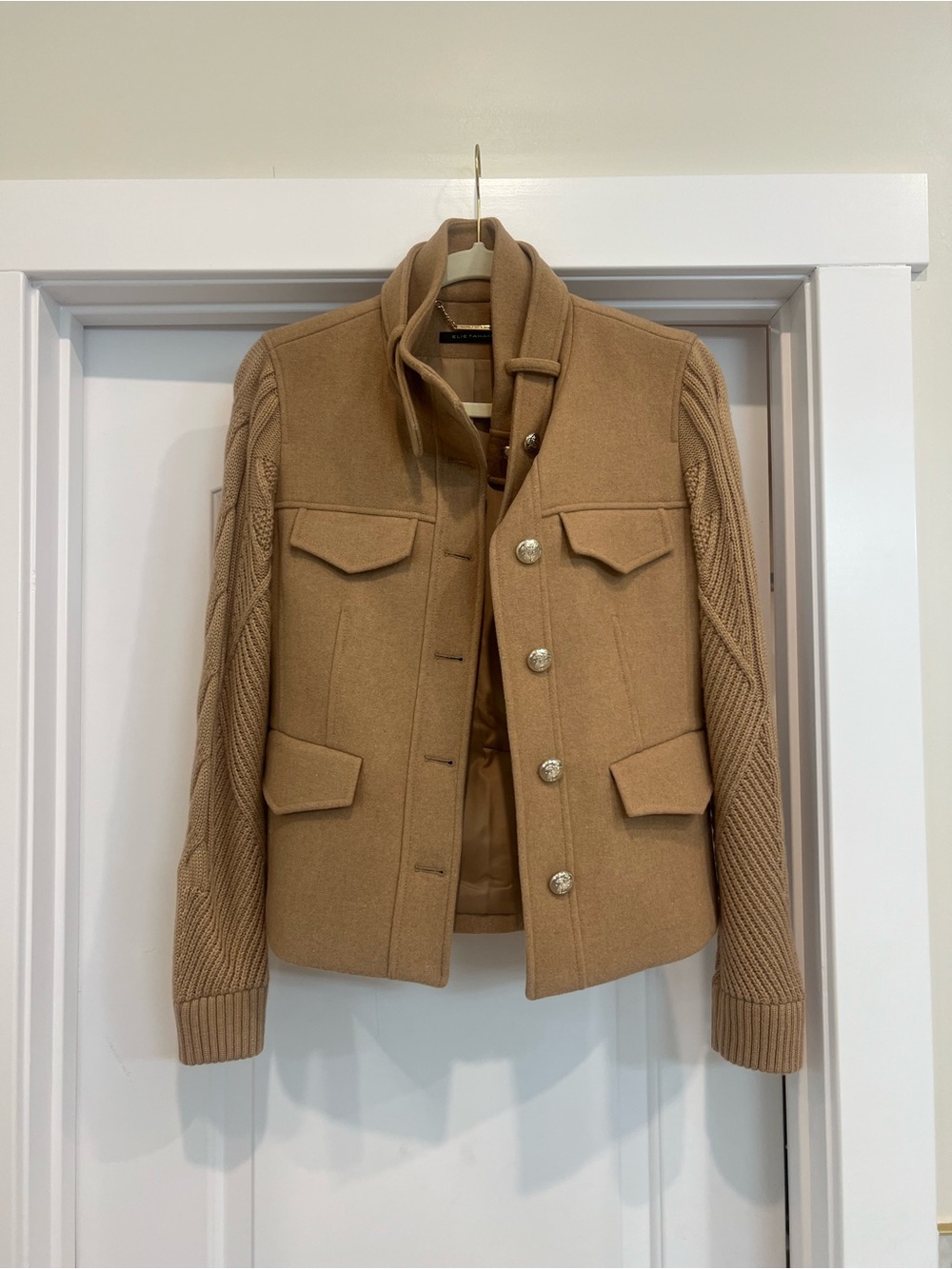 Elie Tahari Camel Knit-Sleeve Wool Blazer